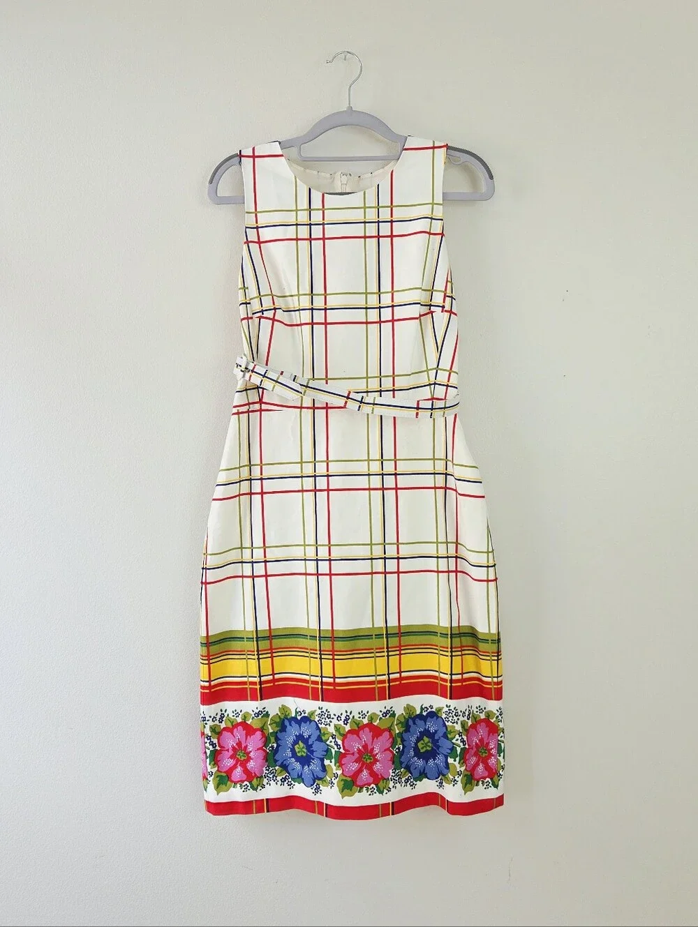 J. Crew Belted bi-stretch cotton dress with floral border Size 2